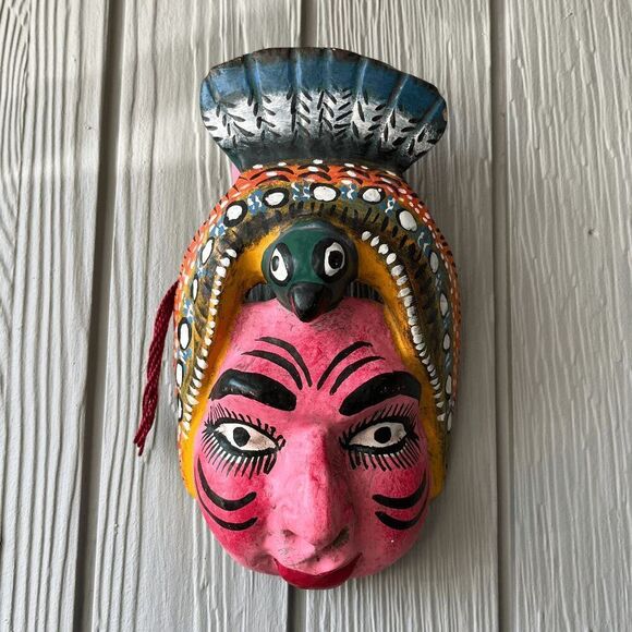 Vintage Indian Hand-Carved Painted Wooden Folk Mask Parrot Headpiece 12" - Picture 1 of 10